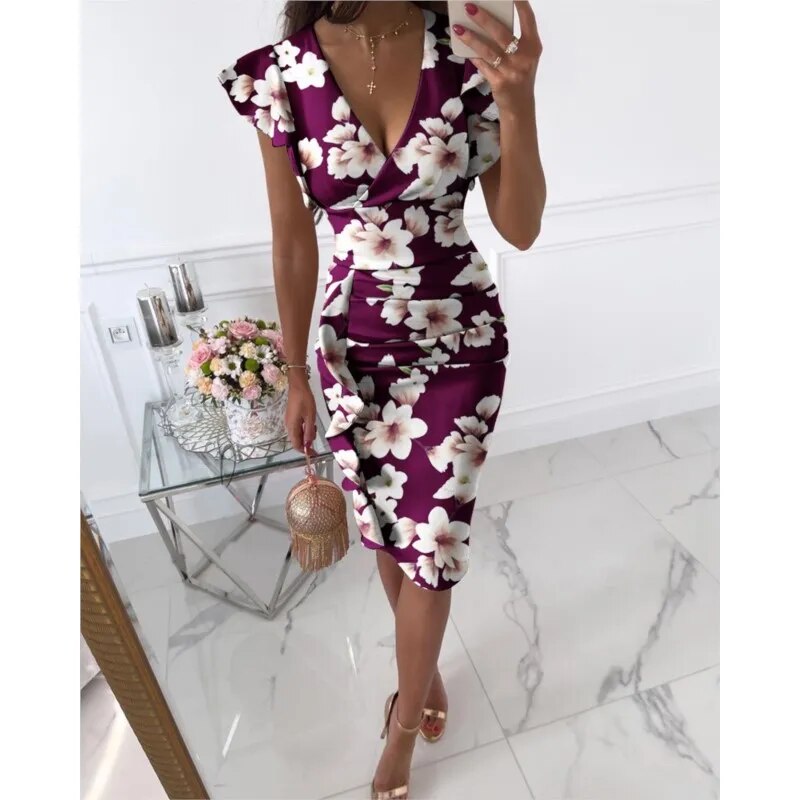 2023 Women's New Summer Fashion Temperament Elegant Sexy Comfortable V-neck Slim Fit Waist Pull Ruffle Edge Wrap Hip Dress